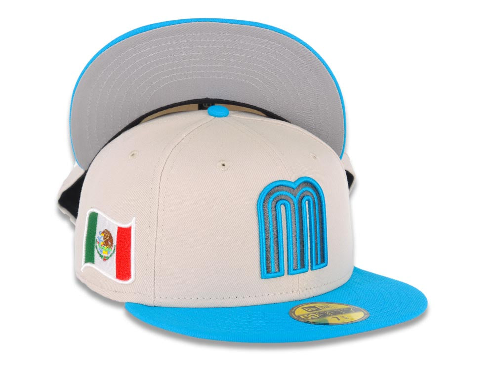 Mexico New Era 59FIFTY 5950 Fitted Cap Hat Stone Crown Blue Visor Metallic Black/Blue Logo Mexico Flag Side Patch Gray UV