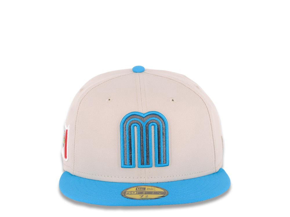 Mexico New Era 59FIFTY 5950 Fitted Cap Hat Stone Crown Blue Visor Metallic Black/Blue Logo Mexico Flag Side Patch Gray UV