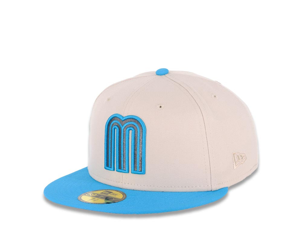 Mexico New Era 59FIFTY 5950 Fitted Cap Hat Stone Crown Blue Visor Metallic Black/Blue Logo Mexico Flag Side Patch Gray UV