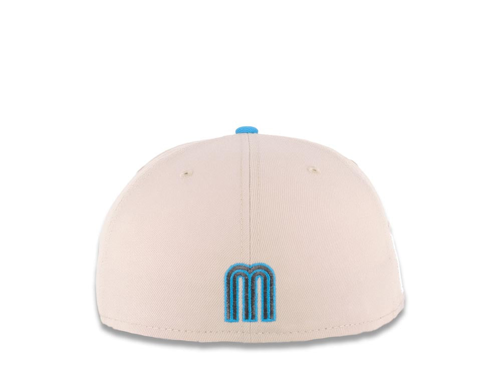 Mexico New Era 59FIFTY 5950 Fitted Cap Hat Stone Crown Blue Visor Metallic Black/Blue Logo Mexico Flag Side Patch Gray UV