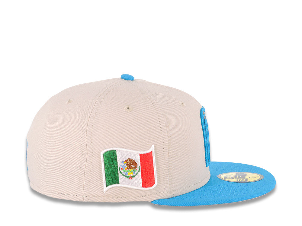 Mexico New Era 59FIFTY 5950 Fitted Cap Hat Stone Crown Blue Visor Metallic Black/Blue Logo Mexico Flag Side Patch Gray UV