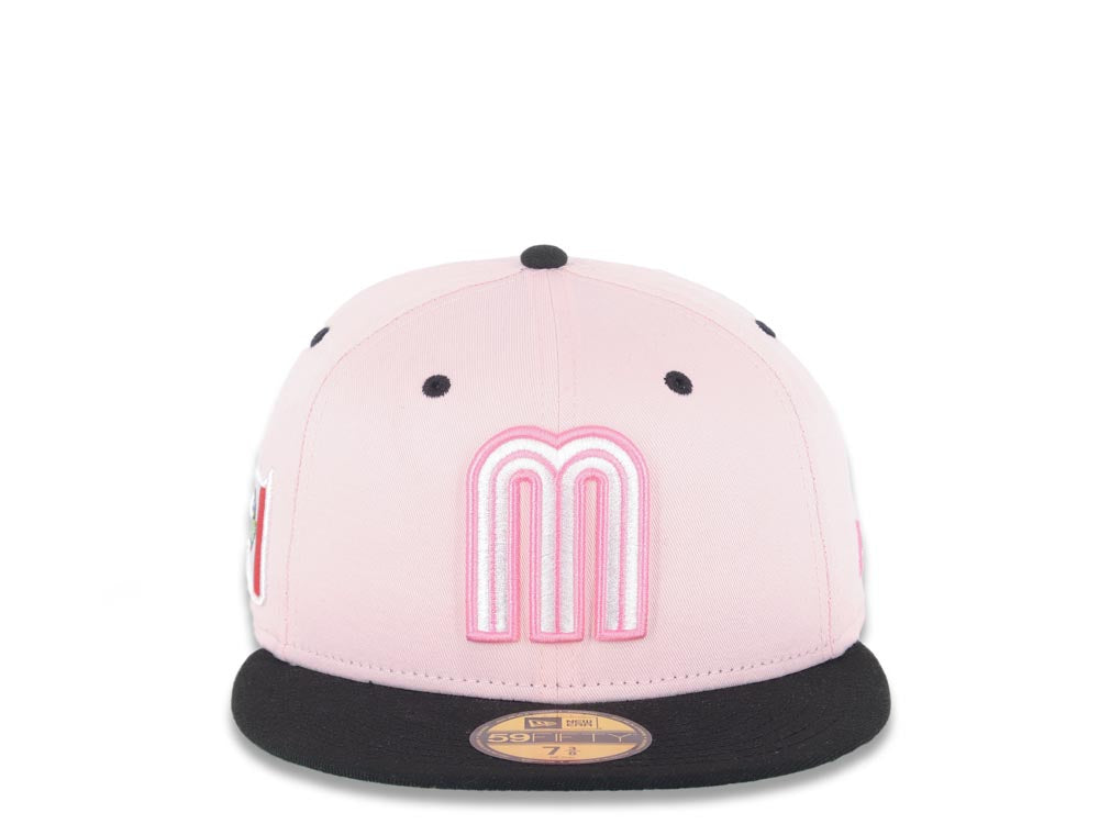 Mexico New Era 59FIFTY 5950 Fitted Cap Hat Pink Crown Black Visor White/Dark Pink Logo Mexico Flag Side Patch Green UV