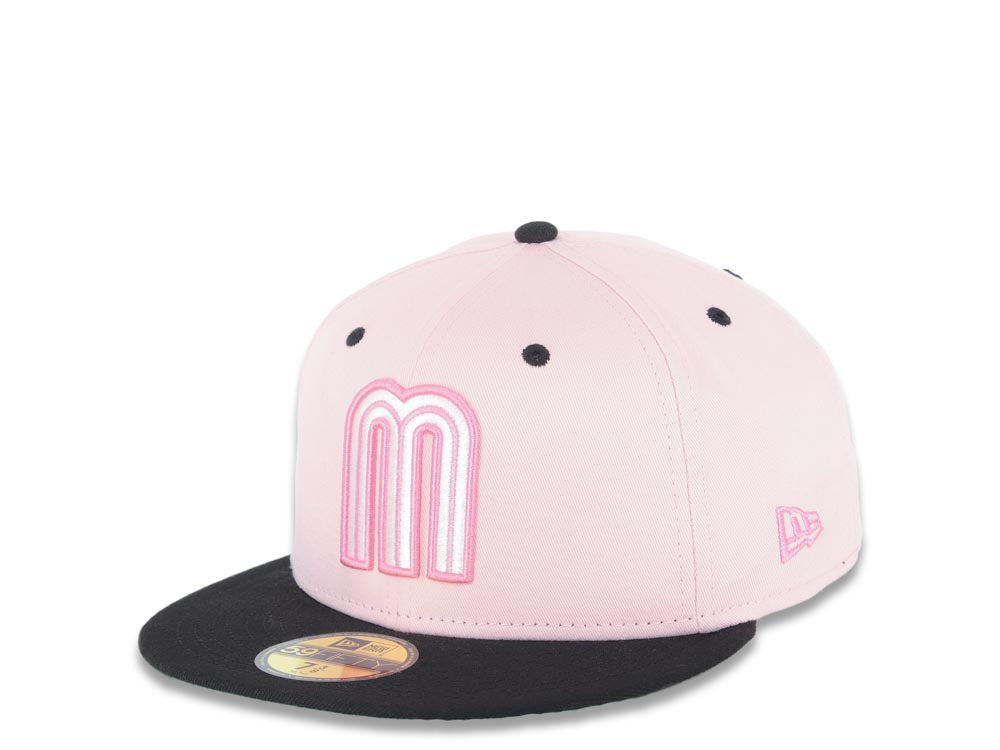 Mexico New Era 59FIFTY 5950 Fitted Cap Hat Pink Crown Black Visor White/Dark Pink Logo Mexico Flag Side Patch Green UV