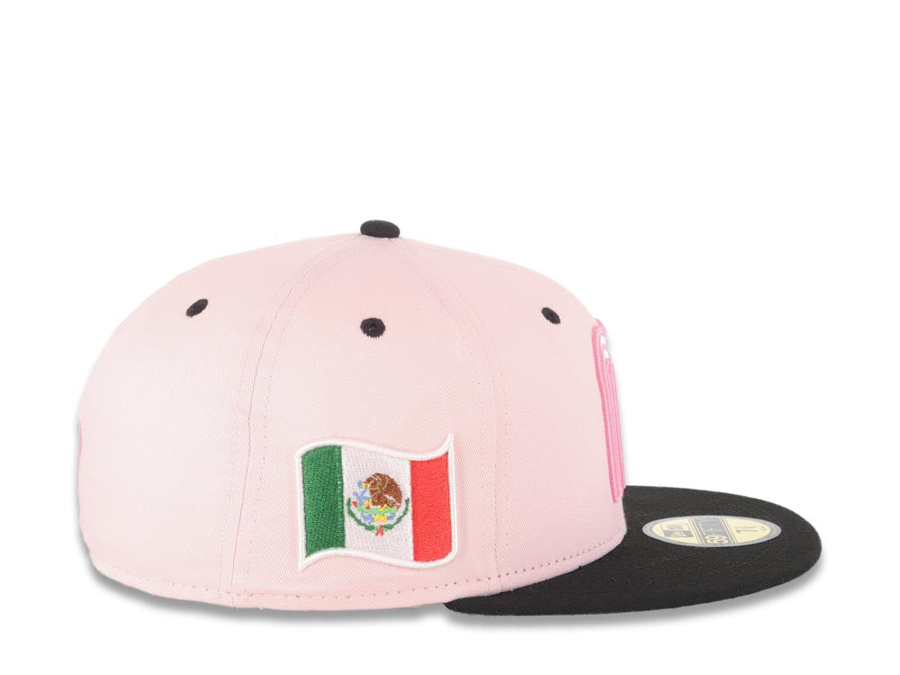 Mexico New Era 59FIFTY 5950 Fitted Cap Hat Pink Crown Black Visor White/Dark Pink Logo Mexico Flag Side Patch Green UV