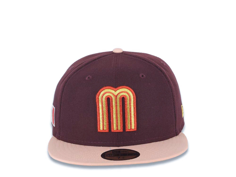 Mexico New Era 59FIFTY 5950 Fitted Cap Hat Maroon Crown Light Peach Visor Metallic Gold/Red M Logo Mexico Flag Side Patch