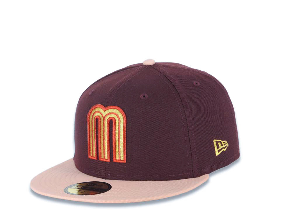 Mexico New Era 59FIFTY 5950 Fitted Cap Hat Maroon Crown Light Peach Visor Metallic Gold/Red M Logo Mexico Flag Side Patch