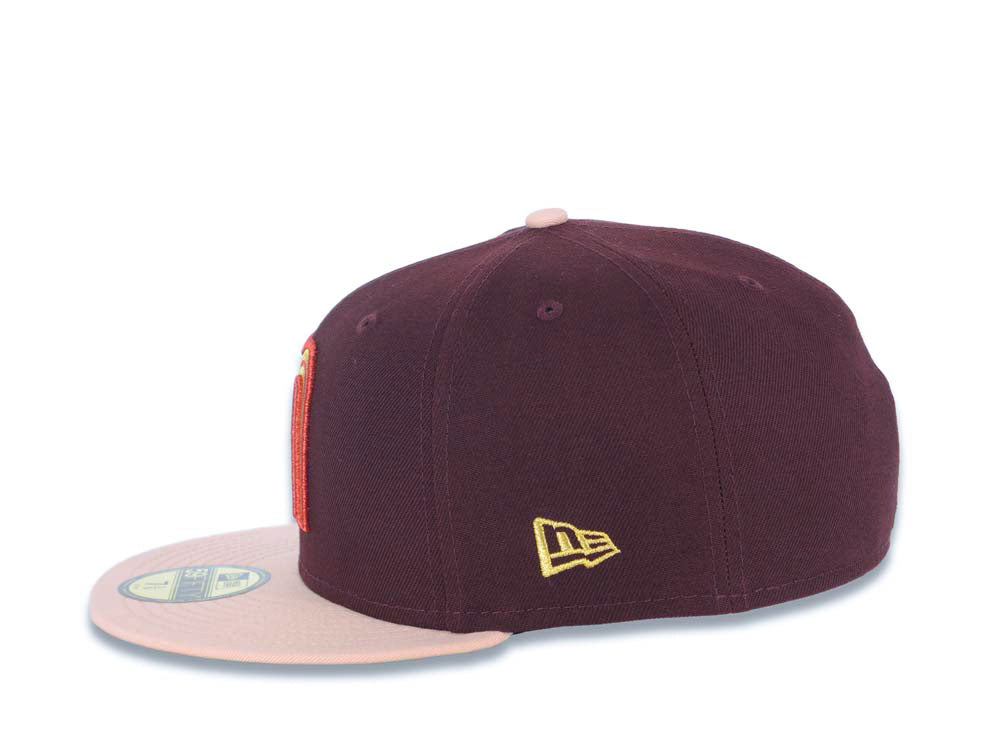 Mexico New Era 59FIFTY 5950 Fitted Cap Hat Maroon Crown Light Peach Visor Metallic Gold/Red M Logo Mexico Flag Side Patch