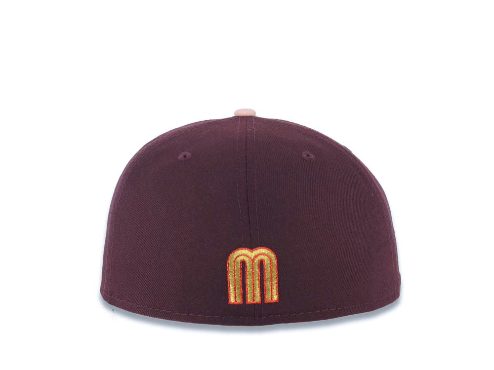 Mexico New Era 59FIFTY 5950 Fitted Cap Hat Maroon Crown Light Peach Visor Metallic Gold/Red M Logo Mexico Flag Side Patch