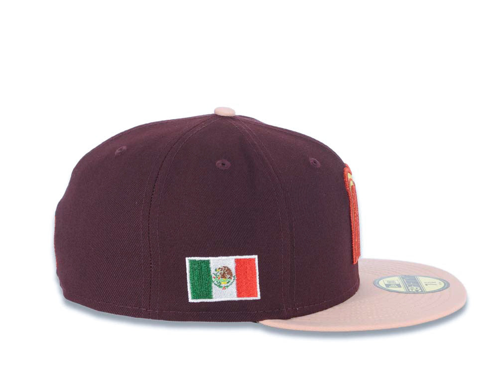 Mexico New Era 59FIFTY 5950 Fitted Cap Hat Maroon Crown Light Peach Visor Metallic Gold/Red M Logo Mexico Flag Side Patch