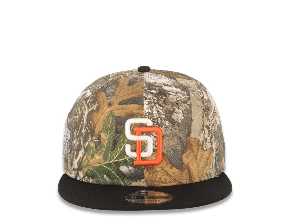 San Diego Padres New Era MLB 9FIFTY 950 Snapback Cap Hat Real Tree Edge Camo Crown Black Visor White/Orange Logo 1998 World Series Side Patch Gray UV