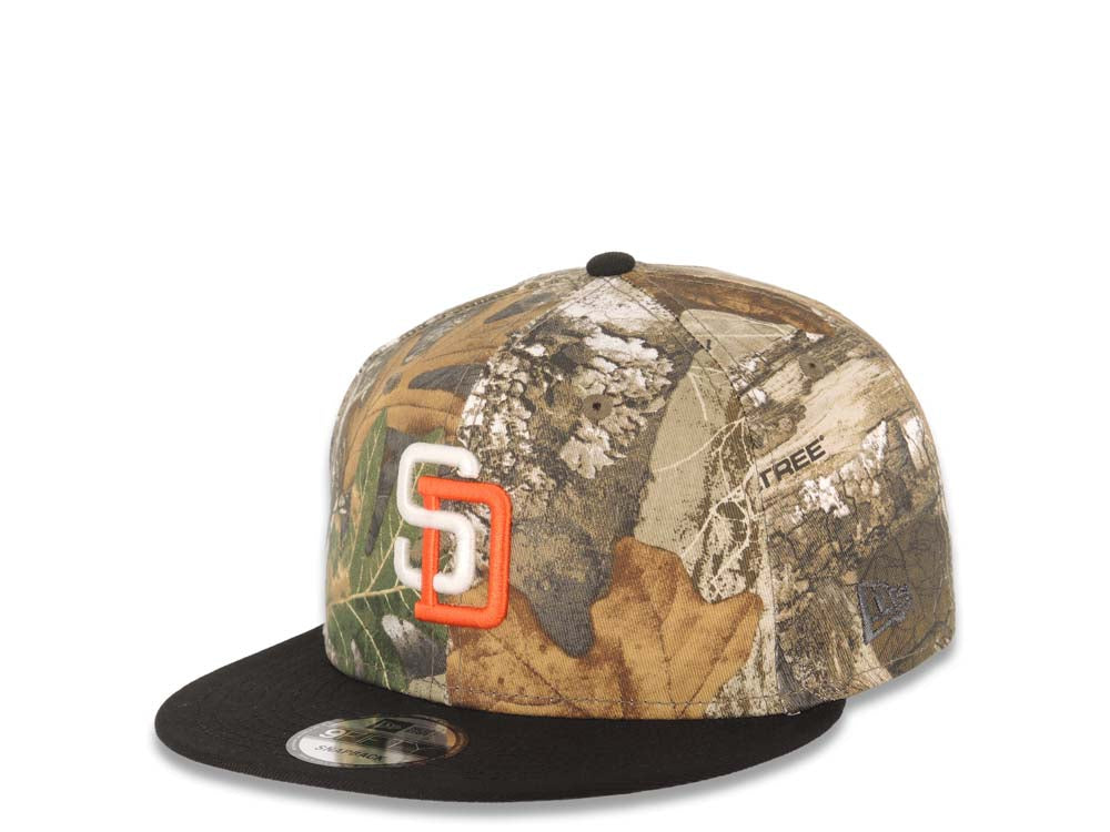 San Diego Padres New Era MLB 9FIFTY 950 Snapback Cap Hat Real Tree Edge Camo Crown Black Visor White/Orange Logo 1998 World Series Side Patch Gray UV