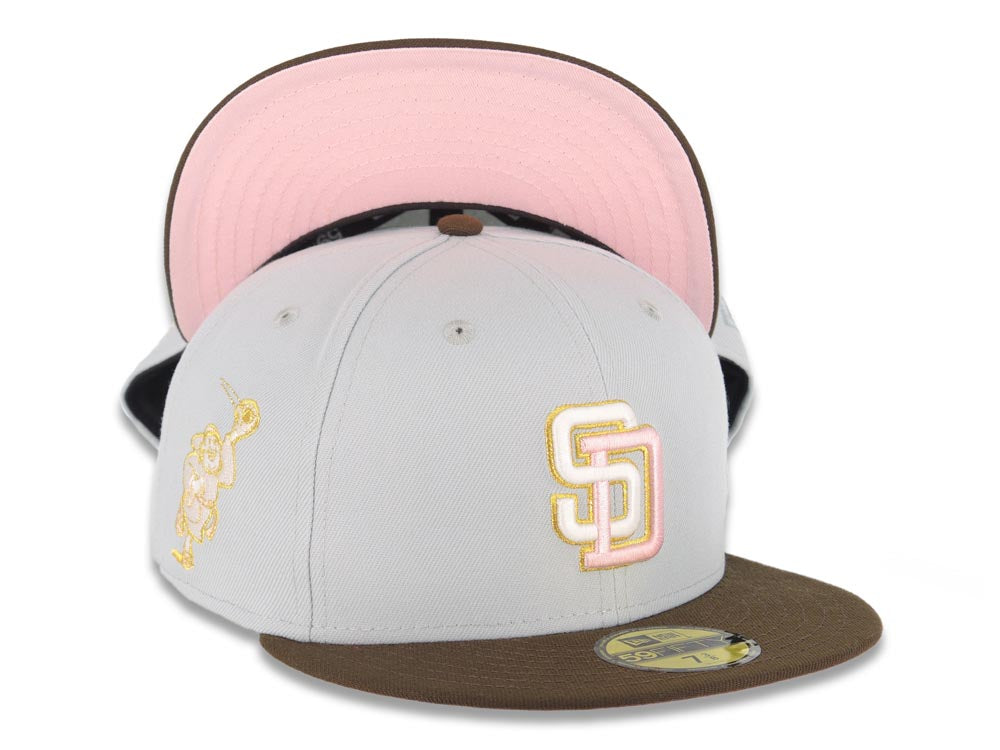 San Diego Padres New Era MLB 59FIFTY 5950 Fitted Cap Hat Gray Crown Brown Visor Glow White/Pink Logo Catching Friar Side Patch Pink UV