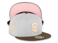 San Diego Padres New Era MLB 59FIFTY 5950 Fitted Cap Hat Gray Crown Brown Visor Glow White/Pink Logo Catching Friar Side Patch Pink UV