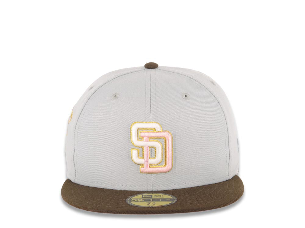 San Diego Padres New Era MLB 59FIFTY 5950 Fitted Cap Hat Gray Crown Brown Visor Glow White/Pink Logo Catching Friar Side Patch Pink UV