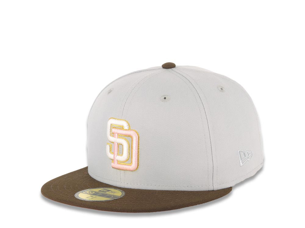 San Diego Padres New Era MLB 59FIFTY 5950 Fitted Cap Hat Gray Crown Brown Visor Glow White/Pink Logo Catching Friar Side Patch Pink UV