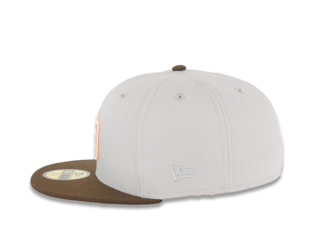 San Diego Padres New Era MLB 59FIFTY 5950 Fitted Cap Hat Gray Crown Brown Visor Glow White/Pink Logo Catching Friar Side Patch Pink UV