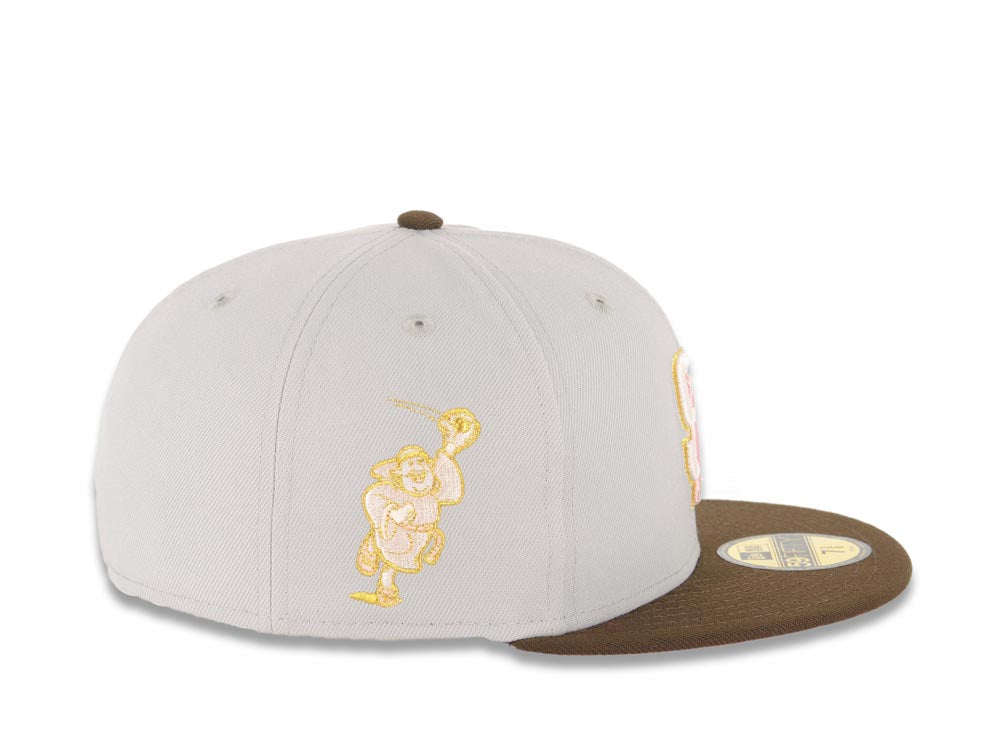San Diego Padres New Era MLB 59FIFTY 5950 Fitted Cap Hat Gray Crown Brown Visor Glow White/Pink Logo Catching Friar Side Patch Pink UV