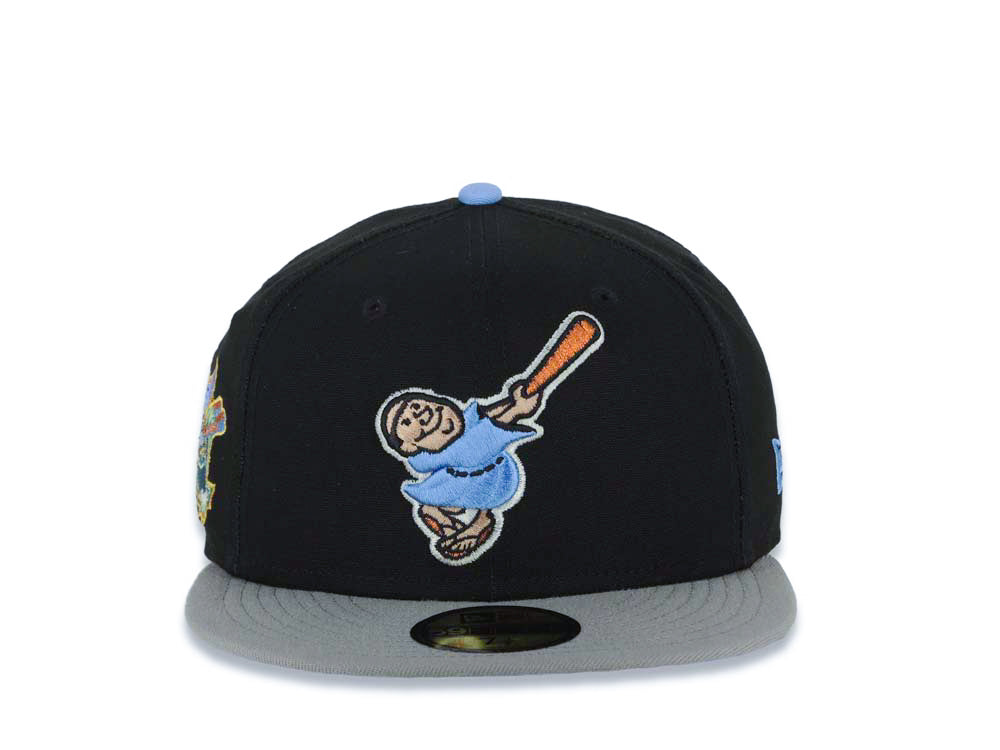 San Diego Padres New Era MLB 59FIFTY 5950 Fitted Cap Hat Black Crown Gray Visor Sky Blue Swinging Friar Logo Stadium Side Patch Sky Blue UV
