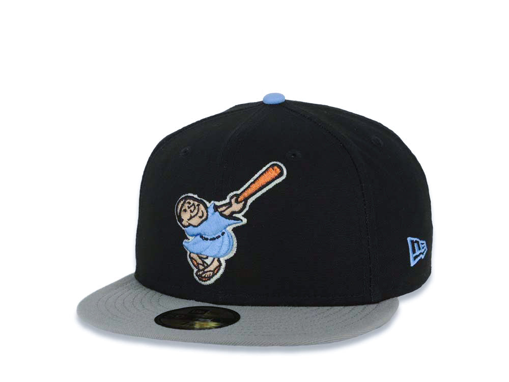San Diego Padres New Era MLB 59FIFTY 5950 Fitted Cap Hat Black Crown Gray Visor Sky Blue Swinging Friar Logo Stadium Side Patch Sky Blue UV