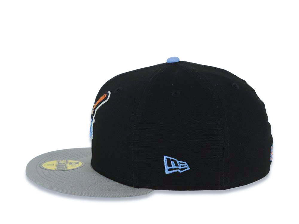 San Diego Padres New Era MLB 59FIFTY 5950 Fitted Cap Hat Black Crown Gray Visor Sky Blue Swinging Friar Logo Stadium Side Patch Sky Blue UV