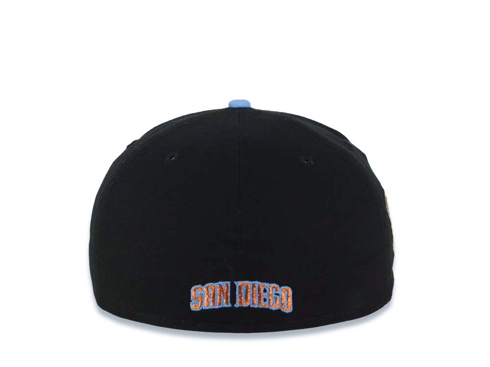 San Diego Padres New Era MLB 59FIFTY 5950 Fitted Cap Hat Black Crown Gray Visor Sky Blue Swinging Friar Logo Stadium Side Patch Sky Blue UV