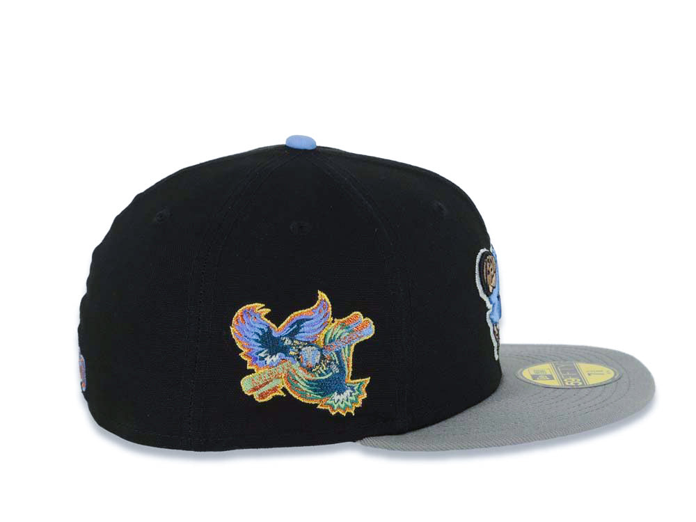 San Diego Padres New Era MLB 59FIFTY 5950 Fitted Cap Hat Black Crown Gray Visor Sky Blue Swinging Friar Logo Stadium Side Patch Sky Blue UV