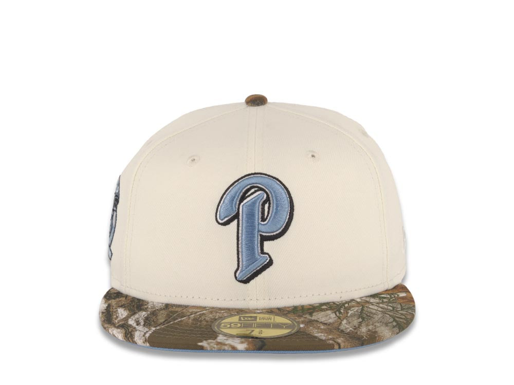 San Diego Padres New Era MLB 59FIFTY 5950 Fitted Cap Hat Cream Crown Real Tree Edge Camo Visor Sky Blue/Black P Logo 25th Anniversary Side Patch