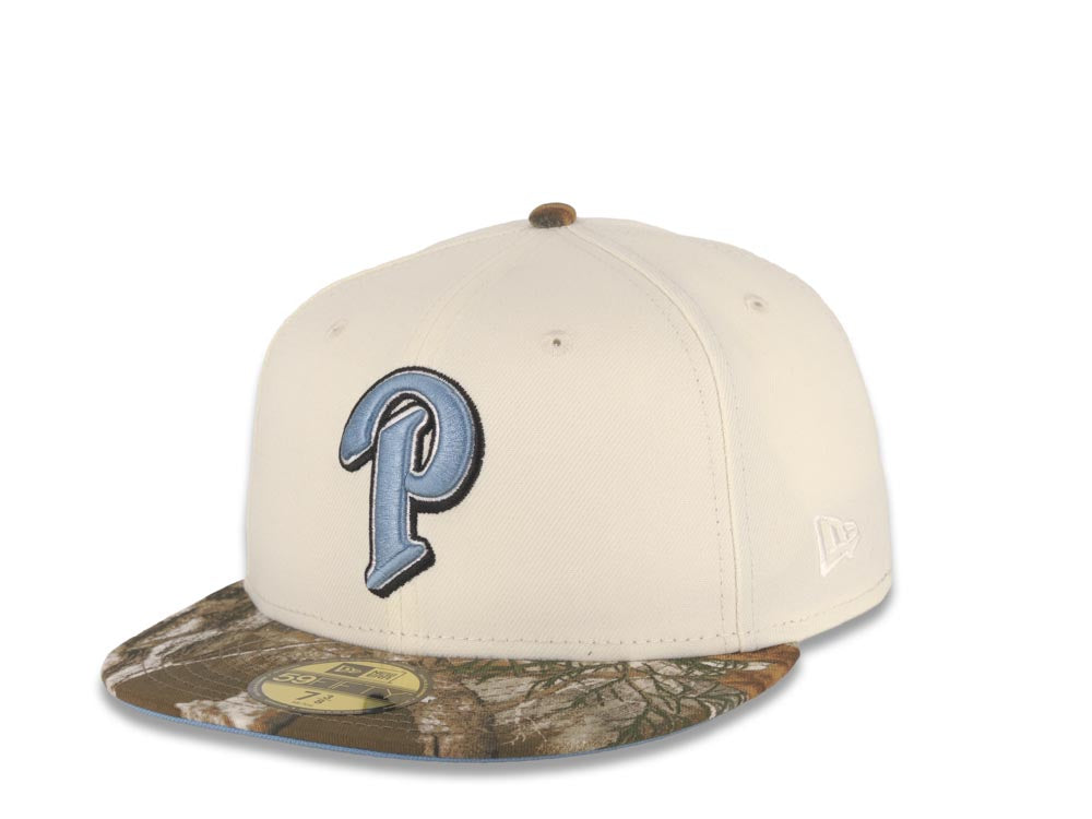 San Diego Padres New Era MLB 59FIFTY 5950 Fitted Cap Hat Cream Crown Real Tree Edge Camo Visor Sky Blue/Black P Logo 25th Anniversary Side Patch