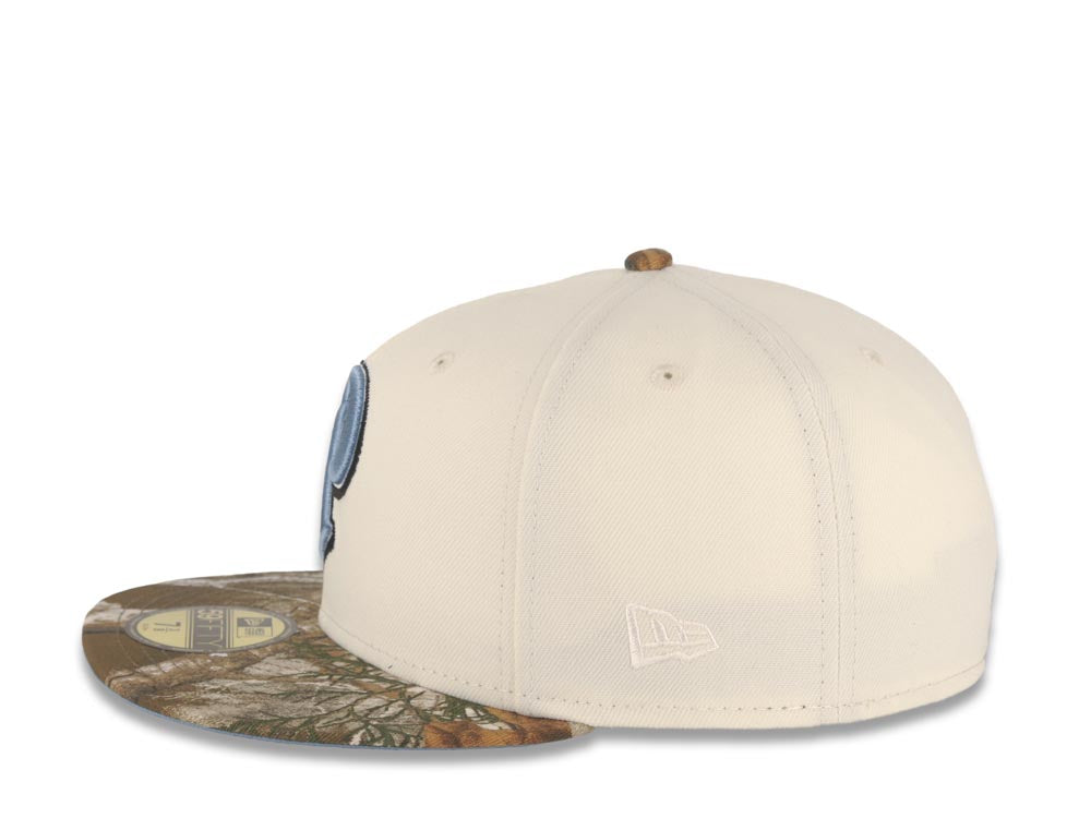 San Diego Padres New Era MLB 59FIFTY 5950 Fitted Cap Hat Cream Crown Real Tree Edge Camo Visor Sky Blue/Black P Logo 25th Anniversary Side Patch