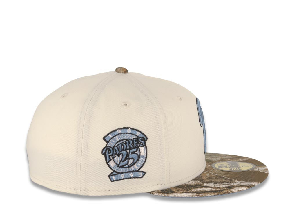 San Diego Padres New Era MLB 59FIFTY 5950 Fitted Cap Hat Cream Crown Real Tree Edge Camo Visor Sky Blue/Black P Logo 25th Anniversary Side Patch