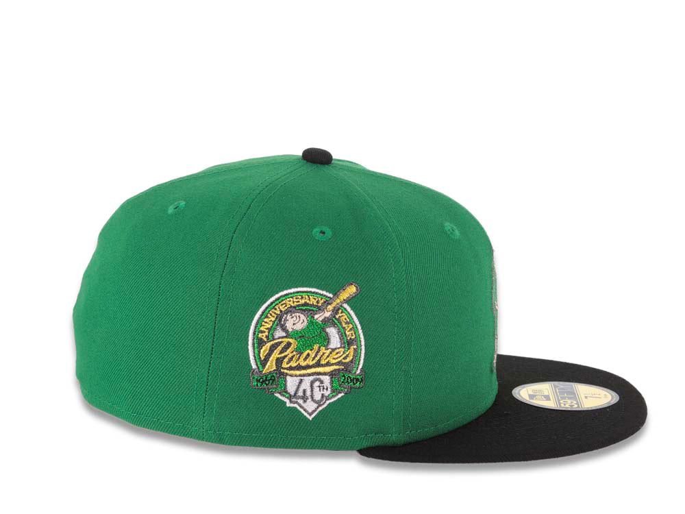 San Diego Padres New Era MLB 59FIFTY 5950 Fitted Cap Hat Green Crown Black Visor Metallic Green/Gold Waving Friar Logo 40th Anniversary Side Patch