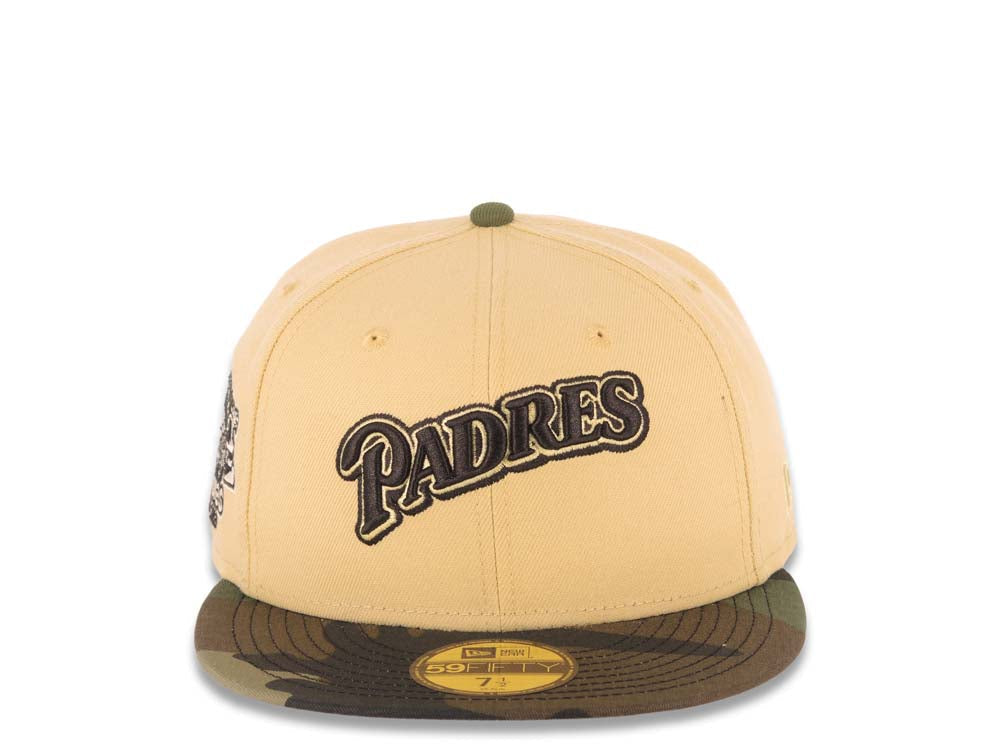 San Diego Padres New Era MLB 59FIFTY 5950 Fitted Cap Hat Vegas Gold Crown Camo Visor Brown/Vegas Gold Script Logo Stadium Side Patch Gray UV