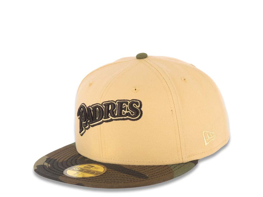 San Diego Padres New Era MLB 59FIFTY 5950 Fitted Cap Hat Vegas Gold Crown Camo Visor Brown/Vegas Gold Script Logo Stadium Side Patch Gray UV