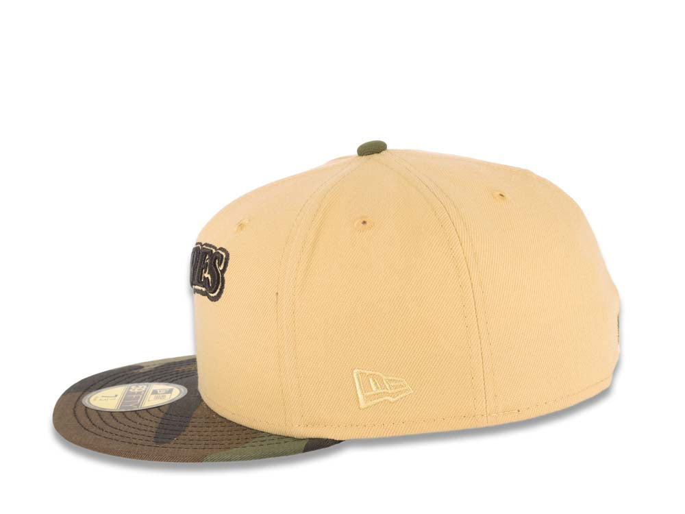 San Diego Padres New Era MLB 59FIFTY 5950 Fitted Cap Hat Vegas Gold Crown Camo Visor Brown/Vegas Gold Script Logo Stadium Side Patch Gray UV