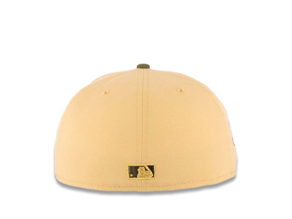 San Diego Padres New Era MLB 59FIFTY 5950 Fitted Cap Hat Vegas Gold Crown Camo Visor Brown/Vegas Gold Script Logo Stadium Side Patch Gray UV