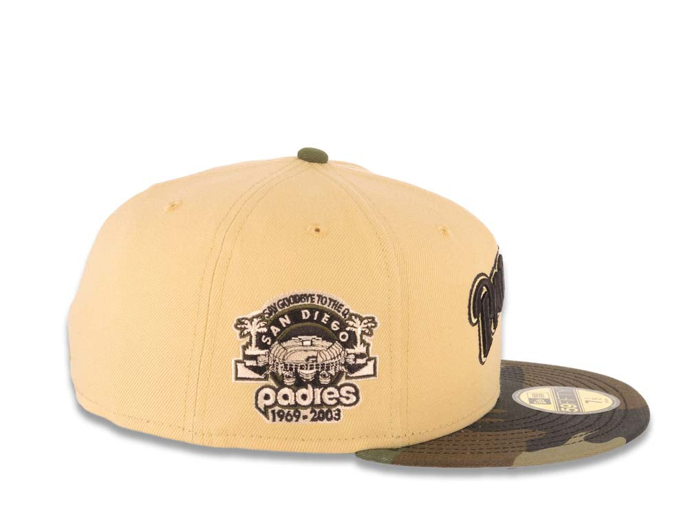 San Diego Padres New Era MLB 59FIFTY 5950 Fitted Cap Hat Vegas Gold Crown Camo Visor Brown/Vegas Gold Script Logo Stadium Side Patch Gray UV