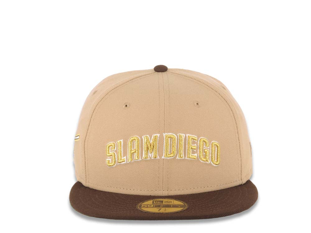 San Diego Padres New Era MLB 59FIFTY 5950 Fitted Cap Hat Khaki Crown Dark Brown Visor Metallic Gold/White Slam Logo Swinging Friar Side Patch Green UV