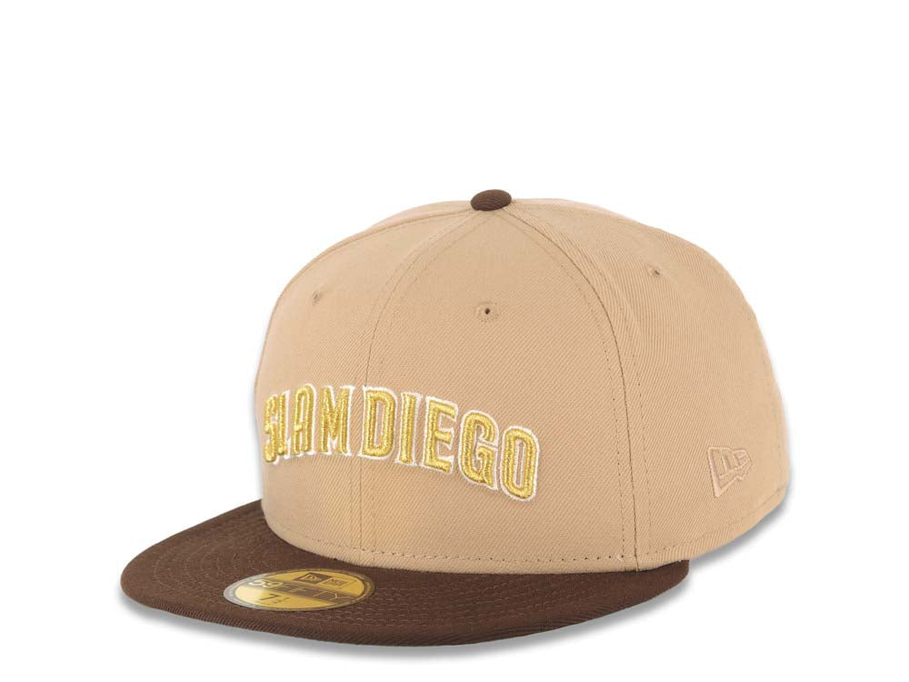 San Diego Padres New Era MLB 59FIFTY 5950 Fitted Cap Hat Khaki Crown Dark Brown Visor Metallic Gold/White Slam Logo Swinging Friar Side Patch Green UV