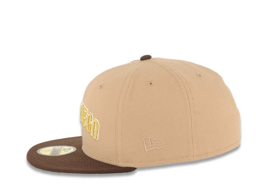 San Diego Padres New Era MLB 59FIFTY 5950 Fitted Cap Hat Khaki Crown Dark Brown Visor Metallic Gold/White Slam Logo Swinging Friar Side Patch Green UV