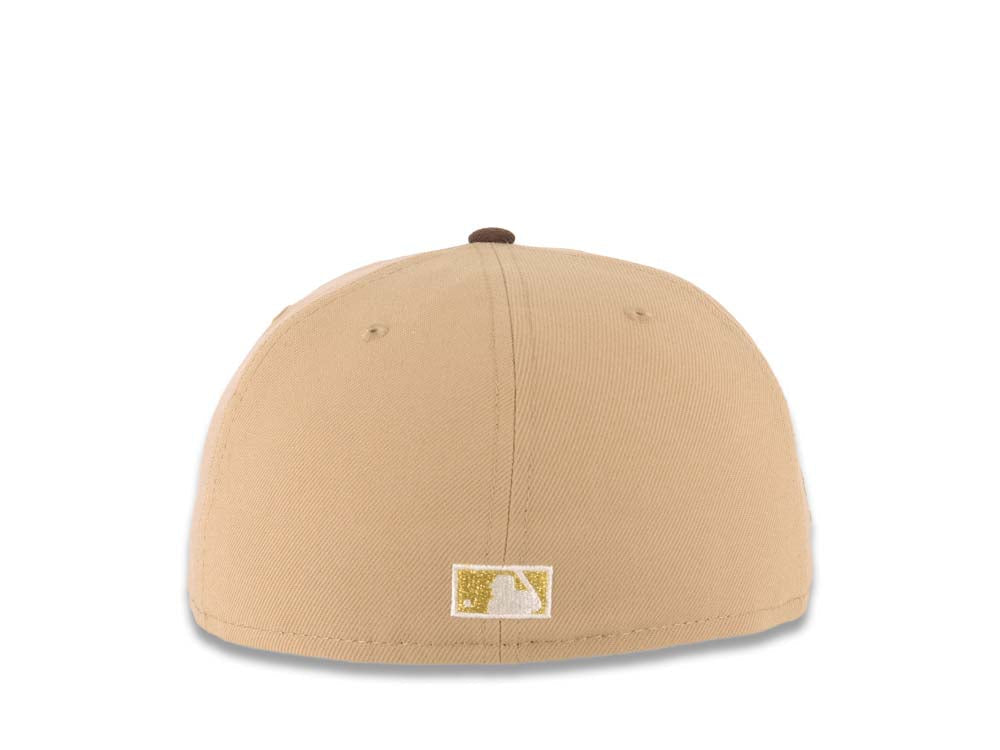 San Diego Padres New Era MLB 59FIFTY 5950 Fitted Cap Hat Khaki Crown Dark Brown Visor Metallic Gold/White Slam Logo Swinging Friar Side Patch Green UV