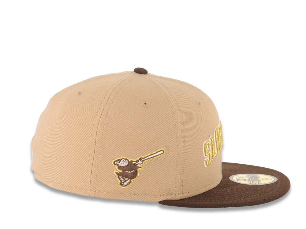 San Diego Padres New Era MLB 59FIFTY 5950 Fitted Cap Hat Khaki Crown Dark Brown Visor Metallic Gold/White Slam Logo Swinging Friar Side Patch Green UV