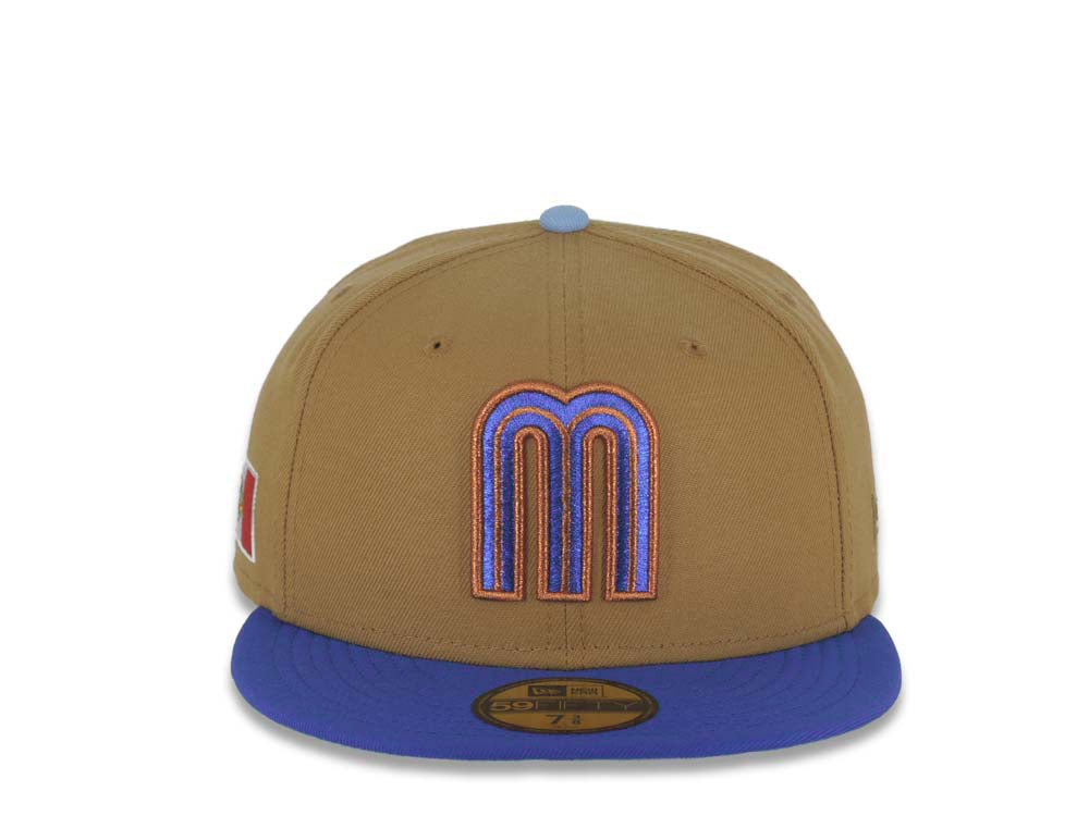 Mexico New Era 59FIFTY 5950 Fitted Cap Hat Wheat Crown Royal Blue Visor Metallic Blue/Metallic Brown Logo Mexico Flag Side Patch