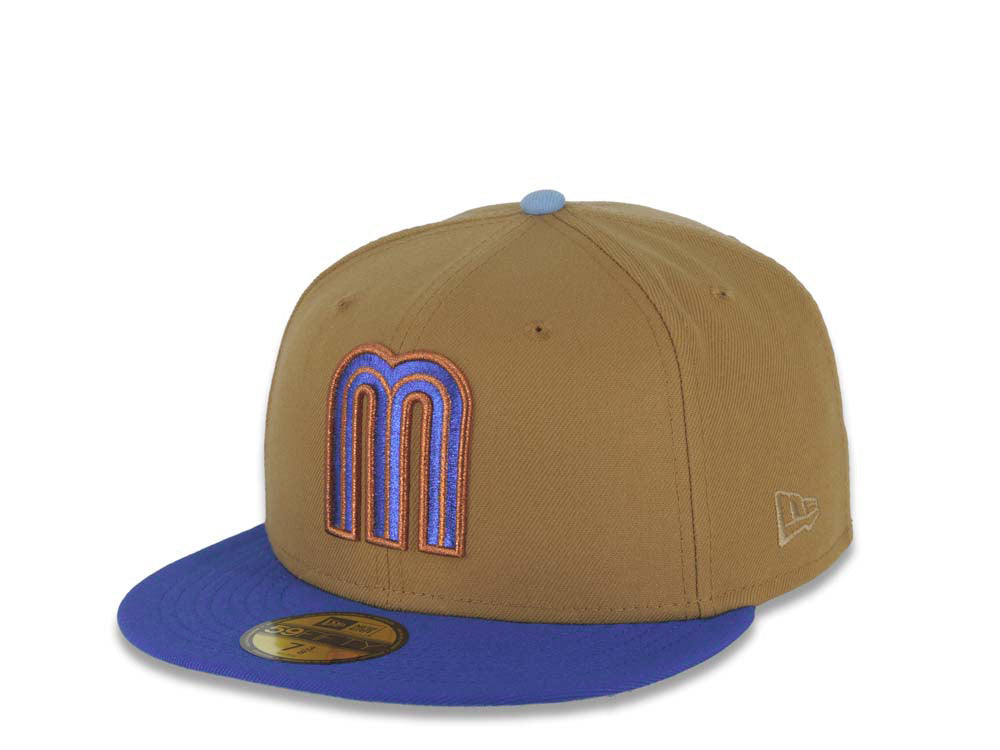 Mexico New Era 59FIFTY 5950 Fitted Cap Hat Wheat Crown Royal Blue Visor Metallic Blue/Metallic Brown Logo Mexico Flag Side Patch