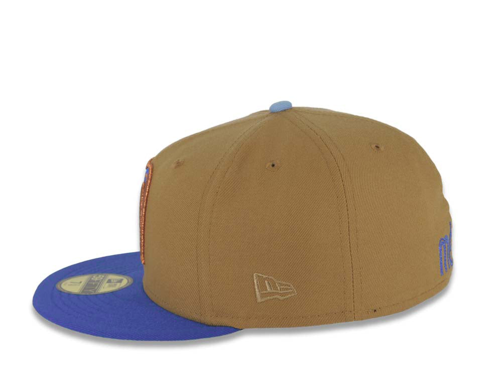 Mexico New Era 59FIFTY 5950 Fitted Cap Hat Wheat Crown Royal Blue Visor Metallic Blue/Metallic Brown Logo Mexico Flag Side Patch