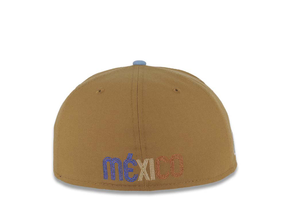 Mexico New Era 59FIFTY 5950 Fitted Cap Hat Wheat Crown Royal Blue Visor Metallic Blue/Metallic Brown Logo Mexico Flag Side Patch