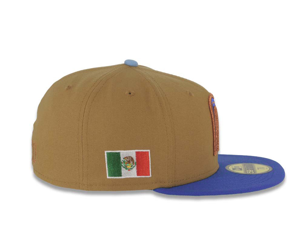 Mexico New Era 59FIFTY 5950 Fitted Cap Hat Wheat Crown Royal Blue Visor Metallic Blue/Metallic Brown Logo Mexico Flag Side Patch