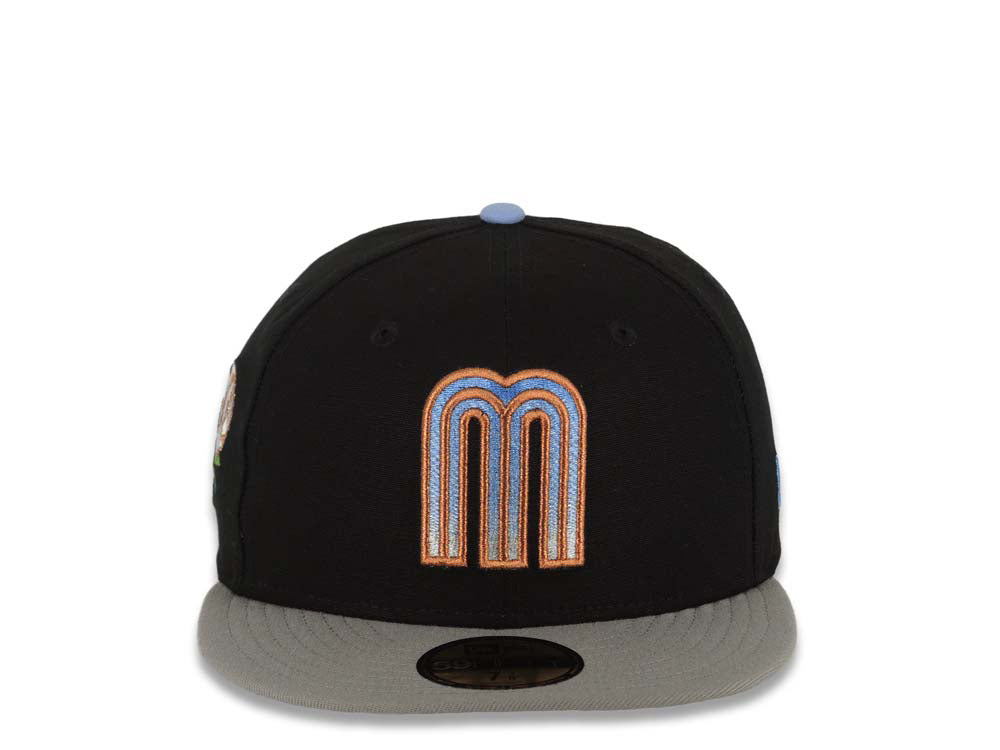 Mexico New Era 59FIFTY 5950 Fitted Cap Hat Black Crown Gray Visor Sky Blue/Metallic Brown Gradient Logo Rose Side Patch Sky Blue UV