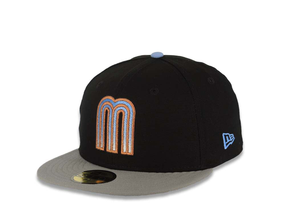 Mexico New Era 59FIFTY 5950 Fitted Cap Hat Black Crown Gray Visor Sky Blue/Metallic Brown Gradient Logo Rose Side Patch Sky Blue UV
