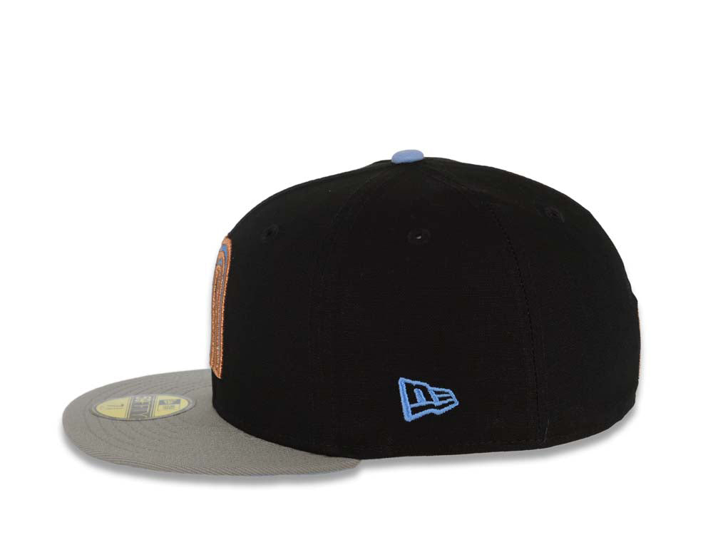 Mexico New Era 59FIFTY 5950 Fitted Cap Hat Black Crown Gray Visor Sky Blue/Metallic Brown Gradient Logo Rose Side Patch Sky Blue UV