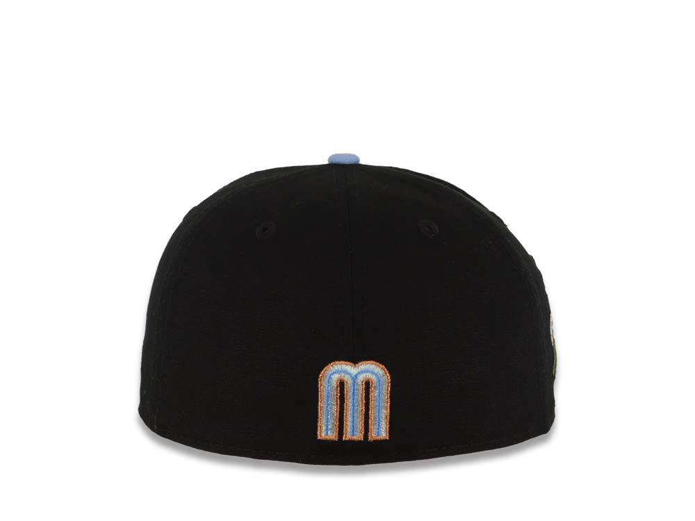 Mexico New Era 59FIFTY 5950 Fitted Cap Hat Black Crown Gray Visor Sky Blue/Metallic Brown Gradient Logo Rose Side Patch Sky Blue UV